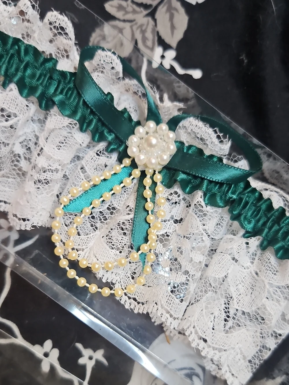 Vintage 90s  Lace Bridal Garter with Ribbon and Pearl Cluster And In box !!!